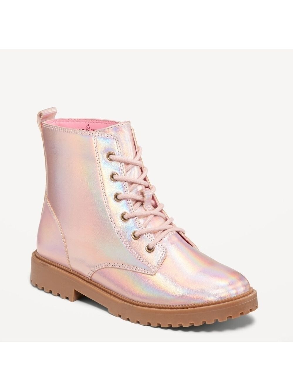 5Y • Old Navy • Iridescent Pink Shiny Faux-Leather Combat Boots